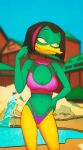 anatid anseriform anthro avian bird cleavage_cutout clothing drockdraw duck female green_body green_skin hi_res highlights_(coloring) magica_de_spell pink_clothing poolside solo swimwear yellow_eyes 