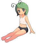  1girl alternate_costume antennae barefoot black_eyes black_shorts blush breasts closed_mouth crop_top expressionless full_body green_hair highres looking_at_viewer midriff navel short_hair short_shorts shorts simple_background sitting small_breasts solo swept_bangs tank_top touhou ugif white_background white_tank_top wriggle_nightbug 