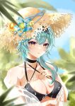  1girl absurdres alternate_costume arm_under_breasts artist_name bai_fan_pwr bikini black_bikini black_hair blue_hair blurry blurry_background blush breasts chinese_commentary cleavage collarbone commentary_request criss-cross_halter eula_(genshin_impact) flower_ornament genshin_impact halterneck hand_on_own_chest hand_up hat hat_ornament highres jacket jewelry looking_at_viewer medium_breasts medium_hair multi-strapped_bikini_top parted_lips purple_eyes ring see-through see-through_jacket solo straw_hat swimsuit tree two-tone_eyes upper_body wet yellow_eyes 