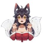  1girl :d absurdres ahoge ahri_(league_of_legends) animal_ears banana_(bananapie) bare_shoulders black_hair blush breasts claw_pose collarbone cropped_torso crossed_bangs english_commentary facial_mark fangs fox_ears fox_tail hair_ornament highres korean_clothes large_breasts league_of_legends long_hair long_sleeves multiple_tails smile solo tail teeth upper_teeth_only whisker_markings yellow_eyes 