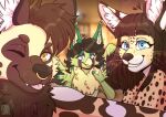  african_wild_dog anthro avian beak big_ears bird blue_eyes canid canine chopsticks digital_media_(artwork) enelorin feathers felid feline female fur girly group hair likaoni.jpg lilek male mammal pistacja serval smile spots spotted_body spotted_fur tongue tongue_out trio 