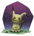  black_eyes border commentary full_body grass highres looking_at_viewer mimikyu mr.thunderigor no_humans pokemon pokemon_(creature) rock signature solid_oval_eyes solo white_border 