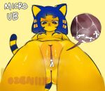  2022 ambiguous_gender animal_crossing ankha_(animal_crossing) anthro blue_hair blue_nipples bodily_fluids breasts digital_media_(artwork) domestic_cat egyptian eyebrows felid feline felis female female/ambiguous fur genital_fluids genitals hair human larger_anthro larger_female looking_down macro mammal micro nintendo nipples ozeniix pussy pussy_juice simple_background size_difference smaller_ambiguous smaller_human tail unbirthing vaginal vore yellow_background yellow_body yellow_fur yellow_inner_ear 