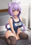  1girl :3 ahoge animal_ear_fluff animal_ears blue_one-piece_swimsuit blush breasts cat_ears cat_girl cat_tail cleavage hair_between_eyes hololive large_breasts looking_at_viewer medium_hair name_tag nekomata_okayu noah12 one-piece_swimsuit purple_eyes purple_hair school_swimsuit short_hair smile solo swimsuit tail thighhighs thighs virtual_youtuber 