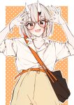  1girl absurdres adjusting_eyewear bag belt blush collared_shirt glasses grey_hair highres hololive horns mooninkyuu multicolored_hair nakiri_ayame official_alternate_hairstyle oni oni_horns open_mouth orange_belt polka_dot polka_dot_background red_eyes red_hair shirt short_hair shorts shoulder_bag skin-covered_horns sleeves_rolled_up solo streaked_hair virtual_youtuber 