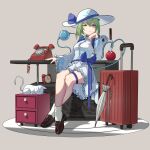  1girl absurdres alarm_clock alternate_costume animal apple blue_ribbon blush brown_footwear cat clock closed_mouth food frilled_skirt frilled_sleeves frills fruit green_eyes green_hair grey_background hair_between_eyes hat hat_ribbon highres knife komeiji_koishi longwatry phone revision ribbon shirt shoes short_hair simple_background skirt socks solo suitcase third_eye touhou umbrella white_headwear white_shirt white_skirt white_socks 