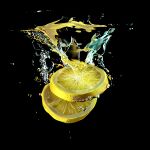  black_background commentary_request derivative_work food food_focus fruit highres kuro_kosyou lemon lemon_slice no_humans original simple_background splashing water 