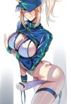  1girl ahoge artoria_pendragon_(fate) ass ayakumo baseball_cap bikini blonde_hair blue_eyes blue_headwear blue_jacket blush breasts cleavage cropped_jacket fate/grand_order fate_(series) grin hair_between_eyes hair_through_headwear hat jacket large_breasts long_hair long_sleeves looking_at_viewer mysterious_heroine_xx_(fate) navel ponytail revision shrug_(clothing) sidelocks smile solo swimsuit thighs white_bikini wristband 
