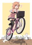  1girl :o bicycle bicycle_basket black_skirt black_thighhighs blush border breasts collarbone commentary_request flower full_body gochuumon_wa_usagi_desu_ka? highres hood hooded_jacket hoto_cocoa jacket looking_at_viewer messy_hair miniskirt mohei multicolored_clothes multicolored_jacket open_mouth orange_hair outline partially_unzipped purple_eyes rabbit riding riding_bicycle shadow shirt shoes short_hair simple_background skirt small_breasts sneakers solo thighhighs white_border white_footwear white_outline white_shirt yellow_background zettai_ryouiki 