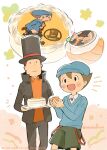  2boys :d abarenbou_bifun black_eyes blue_headwear blue_sweater blush brown_hair cabbie_hat cake closed_mouth collared_shirt commentary_request food green_shorts happy hat hershel_layton high_collar highres holding holding_food jacket long_sleeves luke_triton male_focus multiple_boys notice_lines open_clothes open_jacket open_mouth orange_sweater professor_layton shirt short_hair shorts smile standing suspenders suspenders_hanging sweater top_hat translation_request twitter_username white_shirt 