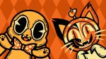  16:9 anthro big_ears big_eyes biped bow_tie calico_cat candy candy_corn canid canine canis cheezborger_(chikn_nuggit) chikn_nuggit chikn_nuggit_(chikn_nuggit) dessert digital_media_(artwork) domestic_cat domestic_dog duo felid feline felis female_(lore) floppy_ears food food_costume halloween hi_res holidays kyrakupetsky male_(lore) mammal official_art orange_background orange_bow_tie pattern_background pawpads paws pie_cut_eyes pupils simple_background slit_pupils whiskers white_body widescreen 