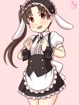  1girl animal_ears apron artist_logo ayanami_(kancolle) black_hairband brown_eyes brown_hair center_frills dated fake_animal_ears fleur_de_lapin_uniform floppy_ears frilled_apron frilled_cuffs frilled_hairband frilled_shirt frills gradient_background hair_ribbon hairband kanon_(kurogane_knights) kantai_collection long_hair one-hour_drawing_challenge open_mouth pink_background ponytail puffy_sleeves rabbit_ears ribbon shirt side_ponytail underbust waist_apron white_apron wrist_cuffs 