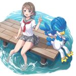  1girl blue_eyes crossover foot_bath full_body grey_hair highres looking_at_viewer love_live! love_live!_sunshine!! neckerchief pier pleated_skirt pokemon pokemon_(creature) pokemon_(game) pokemon_sv quaxwell red_neckerchief sailor_collar school_uniform serafuku sitting skirt tsukimi_seiya uranohoshi_school_uniform v watanabe_you water 