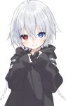  1girl absurdres ahoge arm_strap black_cloak blue_eyes blue_hair blush buran_buta chain cloak clothes_grab crossed_bangs grin hair_between_eyes hands_on_own_chest hands_up heterochromia highres hood indie_virtual_youtuber looking_at_viewer mismatched_pupils multicolored_hair nisha_(vtuber) red_eyes short_hair simple_background sleeves_past_wrists smile solo star-shaped_pupils star_(symbol) streaked_hair symbol-shaped_pupils upper_body virtual_youtuber white_background white_hair 