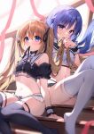  2girls bare_shoulders black_panties black_shirt black_thighhighs blonde_hair blue_hair brown_hair crop_top detached_sleeves frills grabbing_another&#039;s_hair holding holding_hair long_hair looking_at_viewer mouth_hold multiple_girls navel original panties purple_eyes purple_hair ribbon shirt short_sleeves sitting stomach suimya thigh_strap thighhighs thighs twintails underwear very_long_hair white_thighhighs wrist_cuffs 