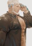  1boy abs aegir_(housamo) bara beard black_nails blue_eyes earrings facial_hair hinokumo_f jewelry male_focus muscular simple_background solo tattoo tokyo_afterschool_summoners unbuttoned unbuttoned_shirt white_background white_hair 