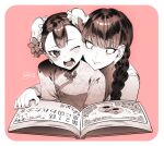  2girls ;d aged_down aya_guunjoh blush book braid braided_ponytail commentary_request eyelashes hair_ornament happy kana_midoreen long_hair low_ponytail multiple_girls one_eye_closed open_mouth ponytail reading smile toshokan_no_daimajutsushi translation_request yakusuke 