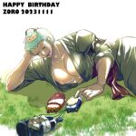  1boy bare_pectorals blush creature_on_head drunk elbow_rest eustass_kid feet_out_of_frame grass green_hair happy_birthday killer_(one_piece) large_pectorals lying male_focus nipples nobara029_op on_side one_piece parody_request pectorals roronoa_zoro scar scar_across_eye short_hair smile solo 