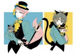  2boys alternate_costume animal_ears blue_background blue_eyes cat_ears cat_tail character_doll closed_mouth ensemble_stars! fox_boy fox_ears heterochromia itsuki_shu kagehira_mika looking_at_viewer male_focus multicolored_background multiple_boys open_mouth pink_hair purple_eyes skk smile tail white_background yellow_background yellow_eyes 