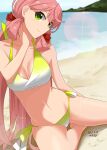  1girl absurdres akashi_(kancolle) artist_name bikini blunt_tresses breasts closed_mouth dated green_eyes hamukiyo highres kantai_collection long_hair looking_at_viewer medium_breasts official_alternate_costume on_ground pink_hair sand side-tie_bikini_bottom smile solo swimsuit yellow_bikini 