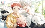  2boys ? aguaaaaa4 closed_eyes closed_mouth fangs gojou_satoru highres hood hoodie itadori_yuuji jujutsu_kaisen male_focus multiple_boys open_mouth pink_hair shirt short_hair stuffed_animal stuffed_toy teddy_bear white_hair white_shirt yellow_eyes yellow_hoodie 