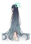  1girl absurdly_long_hair absurdres aris_(blue_archive) barefoot blue_archive blue_eyes blue_hair convenient_censoring dark_blue_hair from_behind full_body gradient_hair hair_between_eyes hair_censor halo highres long_hair looking_to_the_side multicolored_hair nude pokarii_zuu simple_background solo very_long_hair white_background 