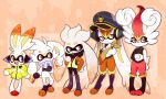  5others absurdres agent_3_(splatoon) agent_3_(splatoon)_(cosplay) agent_3_(splatoon_3) agent_3_(splatoon_3)_(cosplay) agent_4_(splatoon) agent_4_(splatoon)_(cosplay) agent_8_(splatoon) agent_8_(splatoon)_(cosplay) amberlea animal_ears animal_feet animal_hands animal_nose arm_at_side artist_name bike_shorts black_shirt blue_fur body_fur bottomless bracelet cinderace closed_mouth clothed_pokemon commentary cosplay covered_mouth crop_top crossed_arms english_commentary evolutionary_line full_body furry half-closed_eyes hand_on_own_chest hand_on_own_hip hand_on_own_stomach hand_to_own_mouth hand_up happy headphones high-visibility_vest highres hood hood_down hooded_jacket jacket jewelry legs long_sleeves looking_at_another looking_to_the_side multicolored_fur multiple_others open_mouth orange_background orange_fur orange_hair orange_outline other_focus outline patchwork_clothes pigeon-toed pointy_ears pokemon pokemon_(creature) rabbit_ears rabbit_tail raboot red_eyes red_fur red_hair scorbunny shirt short_hair single_bare_shoulder single_sleeve sleeveless sleeveless_shirt smile socks splatoon_(series) splatoon_1 splatoon_2 splatoon_3 split_mouth standing striped striped_socks tail teeth thighs toeless_legwear torn_clothes torn_shirt twitter_username vest watermark white_fur white_outline yellow_jacket yellow_vest zipper_pull_tab 