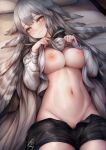  1girl arknights bad_id bad_pixiv_id bar_censor black_shorts blush breasts censored clothes_lift commission fartooth_(arknights) feather_hair grey_hair hood hooded_jacket jacket large_breasts long_hair long_sleeves looking_at_viewer midriff navel nipples on_bed pussy shirt_lift shorts skeb_commission smile snm_(sunimi) solo 