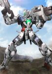  ayato_mabu bazooka_(gundam) blue_sky blurry bokeh cloud cloudy_sky commentary depth_of_field eye_trail glowing glowing_eyes green_eyes gun gundam gundam_00 gundam_astraea highres holding holding_gun holding_weapon light_trail mecha mobile_suit outdoors robot sky standing v-fin weapon white_armor 