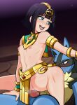  1boy 1girl :d aldharoku armlet armpits artist_name bare_shoulders black_background black_hair blue_eyes blunt_bangs blush bob_cut body_freckles bracelet breasts capelet censored commentary dark egyptian_clothes english_commentary eyelashes feet_out_of_frame freckles furry furry_male furry_with_non-furry girl_on_top gold_belt gold_bracelet gradient_background green_bracelet green_capelet hands_on_another&#039;s_leg headdress hetero highres interspecies jewelry kasia_mikolajczyk light_blush loincloth looking_at_another looking_back lucario lying mosaic_censoring navel nipples no_bra no_panties no_shirt on_back on_ground open_mouth outstretched_arm pelvic_curtain penis pokemon pokemon_(creature) pokephilia purple_background pussy raised_eyebrows red_eyes reverse_cowgirl_position sex short_eyebrows short_hair signature small_breasts smile solo solo_focus spread_legs squatting stone_floor straddling teeth thick_eyebrows tongue upper_teeth_only v-shaped_eyes vaginal wavy_mouth wide_spread_legs 