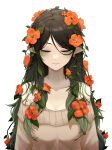  1girl absurdres black_hair breasts brown_sweater character_request cleavage closed_eyes closed_mouth collarbone commission flower green_scales hair_flower hair_ornament highres indie_virtual_youtuber long_hair long_sleeves orange_flower plant pointy_ears reptile_girl simple_background solo sweater upper_body vines virtual_youtuber white_background yn_6262 