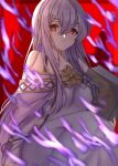  1girl bare_shoulders book closed_mouth edamameoka fire_emblem fire_emblem:_genealogy_of_the_holy_war gold_trim hair_between_eyes highres holding holding_book julia_(fire_emblem) lavender_dress long_hair red_eyes solo 