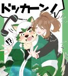  ?! anthro blush brown_hair canid canine canis domestic_dog duo eyebrows female female_operator fur green_body green_fur hair headphones hi_res human lifewonders live_a_hero male mammal mokdai nagu_mogmog05 ponytail protagonist_(live_a_hero) thick_eyebrows 