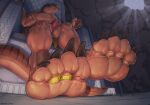  4_toes anthro balls chair claws digit_ring dirty_feet feet foot_fetish foot_focus foot_play furniture genitals group hi_res jewelry low-angle_view male male/male micro nude penis ring stuck_to_foot thaz_(artist) throne toe_claws toe_ring toes underfoot 