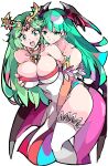  absurdres bare_shoulders breasts chiton demon_girl demon_wings dress enpe grabbing grabbing_another&#039;s_breast green_eyes green_hair head_wings highres jewelry kid_icarus laurel_crown long_hair looking_at_another morrigan_aensland necklace open_mouth palutena sexual_harassment smile strapless strapless_dress super_smash_bros. thighhighs vampire_(game) white_background white_thighhighs wings yuri 