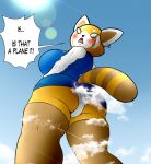  2020 aggretsuko ailurid aircraft airplane anthro big_breasts black_nose blue_clothing blush breasts brown_body brown_fur butt clothing cloud colonel-gabbo colored dialogue digital_drawing_(artwork) digital_media_(artwork) english_text extreme_size_difference female female_anthro fur giga growth implied_growth larger_female looking_back low-angle_view macro mammal markings micro office_clothing orange_body orange_fur portrait red_panda retsuko sanrio shaded size_difference sky solo speech_bubble striped_markings striped_tail stripes sun tail tail_markings text three-quarter_portrait underwear white_body white_clothing white_fur white_underwear 