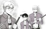  3boys alternate_facial_hair anger_vein broom chinese_commentary commentary cropped_jacket glasses greyscale highres holding holding_broom levi_(shingeki_no_kyojin) male_focus monochrome multiple_boys reiner_braun shaded_face shingeki_no_kyojin sparkle sweat training_corps_(emblem) yanglao_paopaoren zeke_yeager 