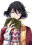  1boy black_hair book cape collared_cape conway_tau hair_between_eyes hand_jewel holding holding_book kirimi_maguro light_smile looking_at_viewer male_focus open_book portrait purple_eyes red_cape short_hair smile solo tales_of_(series) tales_of_innocence tales_of_innocence_r white_background 