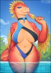  2023 anthro bikini bikini_bottom bikini_top biped blue_eyes breasts clothing collar digital_media_(artwork) eyelashes feathers female food hi_res navel orange_body orange_feathers outside partially_submerged poolside popsicle red_body reptile scalie solo swimwear tongue tongue_out vader-san 