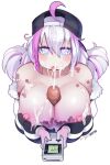  1boy 1girl after_paizuri artist_name blush breasts breasts_squeezed_together cum cum_on_body cum_on_breasts cum_on_hair ejaculation facial hetero highres hot_vr large_breasts long_hair looking_at_viewer nipples original paizuri patreon_logo patreon_username penis pixiv_logo pixiv_username projectile_cum smile solo_focus uncensored 