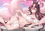  1girl absurdres ahoge animal_ears bikini bikini_skirt breasts brown_hair cherry_blossoms choker commission deogho_(liujinzy9854) earrings fox_ears fox_girl fox_tail hair_between_eyes highleg highleg_bikini highres jewelry kitsune kyuubi large_breasts large_tail long_hair looking_at_viewer lying multicolored_hair multiple_tails navel necklace off-shoulder_bikini off_shoulder on_side original pelvic_curtain petals pink_choker pink_eyes pink_hair pink_tail revealing_clothes side-tie_skirt smile solo stomach swimsuit tail two-tone_hair underboob very_long_hair white_bikini 