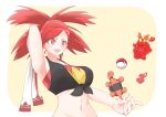  1girl arm_behind_head badge breasts flannery_(pokemon) gym_leader_badge hachimitsu_shitate highres navel open_mouth poke_ball poke_ball_(basic) pokemon pokemon_(creature) pokemon_oras red_eyes red_hair slugma torkoal upper_body 