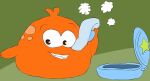  babytv blob box brown_eyes colored_skin dust green_background happy highres makeup no_humans non-web_source orange_skin pitch_and_potch potch_the_blob smile 