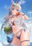  1girl animal_ears bikini blue_eyes blush closed_mouth collarbone cowboy_shot day eating food food_on_face fruit grey_hair groin hair_between_eyes highres holding holding_food holding_fruit horse_ears horse_girl horse_tail ikayaki kita_(kitairoha) long_hair looking_at_viewer navel oguri_cap_(umamusume) outdoors side-tie_bikini_bottom signature solo swimsuit tail thigh_strap umamusume water water_drop watermelon white_bikini 