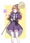  1girl amanogawa_kirara black_gloves broom brown_hair commentary_request dress elbow_gloves eyelashes gloves go!_princess_precure happy hat highres holding holding_broom long_hair looking_at_viewer matatabi_(karukan222) mini_hat mini_witch_hat precure purple_eyes smile solo standing twintails witch witch_hat 