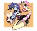  1girl bare_shoulders black_skirt blue_hair colored_skin detached_sleeves dress floating full_body hair_over_one_eye highres horns leviathan_(skullgirls) looking_at_viewer monster prehensile_hair puffy_sleeves red_eyes scrunchie side_ponytail skirt skull skullgirls smile solo squigly_(skullgirls) stitched_mouth stitches striped_sleeves user_hhpf8775 yellow_eyes zombie 