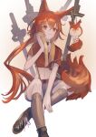  1girl animal_ears arknights black_choker black_footwear brown_socks choker crop_top crossed_bangs crossed_legs flametail_(arknights) flametail_(sport_for_all)_(arknights) foot_out_of_frame gradient_background grey_shorts hand_up hemorina highres kneehighs long_hair looking_at_viewer multiple_swords planted planted_sword red_eyes red_hair red_shirt shirt shoes shorts smile sneakers socks solo squirrel_ears squirrel_girl squirrel_tail stuffed_squirrel suspender_shorts suspenders sword tail tied_shirt towel towel_around_neck very_long_hair weapon white_background wiping_face yellow_background 