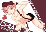  1boy absurdres barefoot beret blue_eyes brown_background collarbone flower full_body hand_on_floor hand_on_headwear hat heart highres linea_alba male_focus mikkoukun multicolored_background nipples one_eye_closed original pink_flower pink_hair pink_rose rose skinny solo tongue tongue_out topless_male white_background yumeno_chiaki 