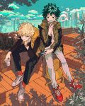  2boys alternate_costume aqua_sky arm_on_knee backpack bag bag_removed bakugou_katsuki black_shirt blonde_hair blowing_steam boku_no_hero_academia bright_pupils building buttons casual cel_shading cheek_press cityscape cloud coffee_cup commentary_request cross-laced_footwear cup curly_hair disposable_cup drinking earphones elbow_rest film_grain fingernails freckles full_body fur-trimmed_vest glass green_eyes green_hair grey_footwear grey_shirt hand_up head_on_hand head_rest high_collar highres holding holding_cup holding_phone inverted_colors jacket leaning_forward ligne_claire long_sleeves looking_at_phone looking_to_the_side male_focus midoriya_izuku multiple_boys multiple_scars open_clothes open_jacket outdoors outstretched_arm outstretched_legs partial_commentary phone plant plant_request pout red_eyes red_footwear red_socks rooftop scar scar_on_arm scar_on_hand shade shadow shared_earphones shirt shoes short_hair sideways_glance sitting skyscraper sleeveless sneakers socks souko_(floyd) spiked_hair starbucks steam t-shirt unbuttoned_jacket vest watch white_pupils wristwatch yellow_bag yellow_vest 