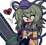  1girl black_eyes blush buttons chainsaw closed_eyes collared_shirt diamond_(shape) diamond_button empty_eyes fang fang_out frilled_shirt frilled_shirt_collar frilled_sleeves frills green_hair hair_between_eyes happy heart holding holding_chainsaw holding_weapon komeiji_koishi long_hair long_sleeves open_mouth shirt simple_background smile sweat sweatdrop third_eye tongue touhou trembling weapon white_background yellow_shirt zunusama 